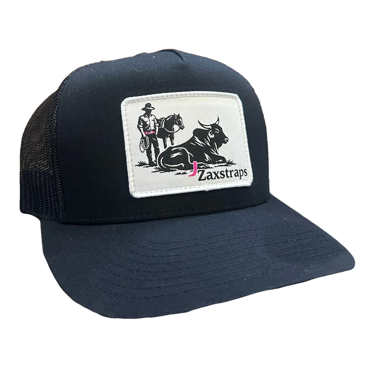 ZaxStraps Mesh Snap Back cap in black with a black mesh back and the ZaxStraps cowboy and bull patch on the front