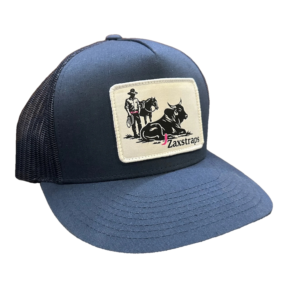ZaxStraps Mesh Snap Back cap in blue with a black mesh back and the ZaxStraps cowboy and bull patch on the front