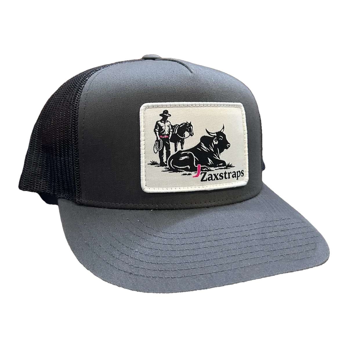 ZaxStraps Mesh Snap Back cap in charcoal with a black mesh back and the ZaxStraps cowboy and bull patch on the front