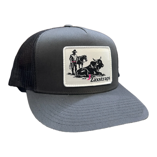 ZaxStraps Mesh Snap Back cap in charcoal with a black mesh back and the ZaxStraps cowboy and bull patch on the front