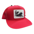ZaxStraps Mesh Snap Back cap in red with a red mesh back and the ZaxStraps cowboy and bull patch on the front
