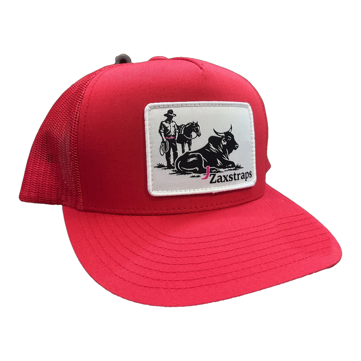 ZaxStraps Mesh Snap Back cap in red with a red mesh back and the ZaxStraps cowboy and bull patch on the front