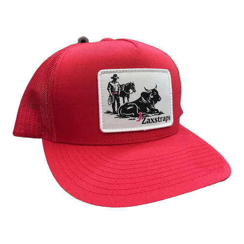 ZaxStraps Mesh Snap Back cap in red with a red mesh back and the ZaxStraps cowboy and bull patch on the front