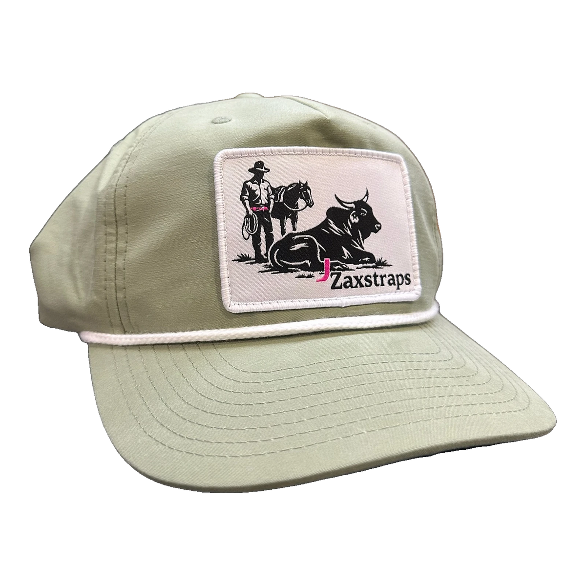 ZaxStraps Richardson Rope cap in khaki with a white rope across the brim and the ZaxStraps cowboy and bull patch on the front