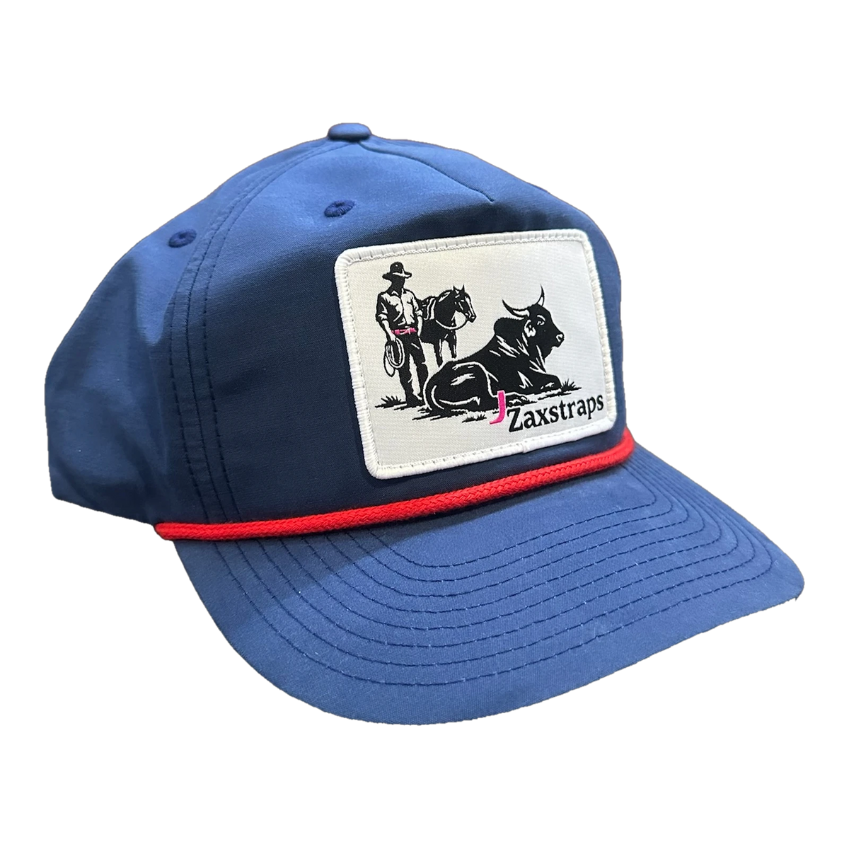 ZaxStraps Richardson Rope cap in navy with a red rope across the brim and the ZaxStraps cowboy and bull patch on the front