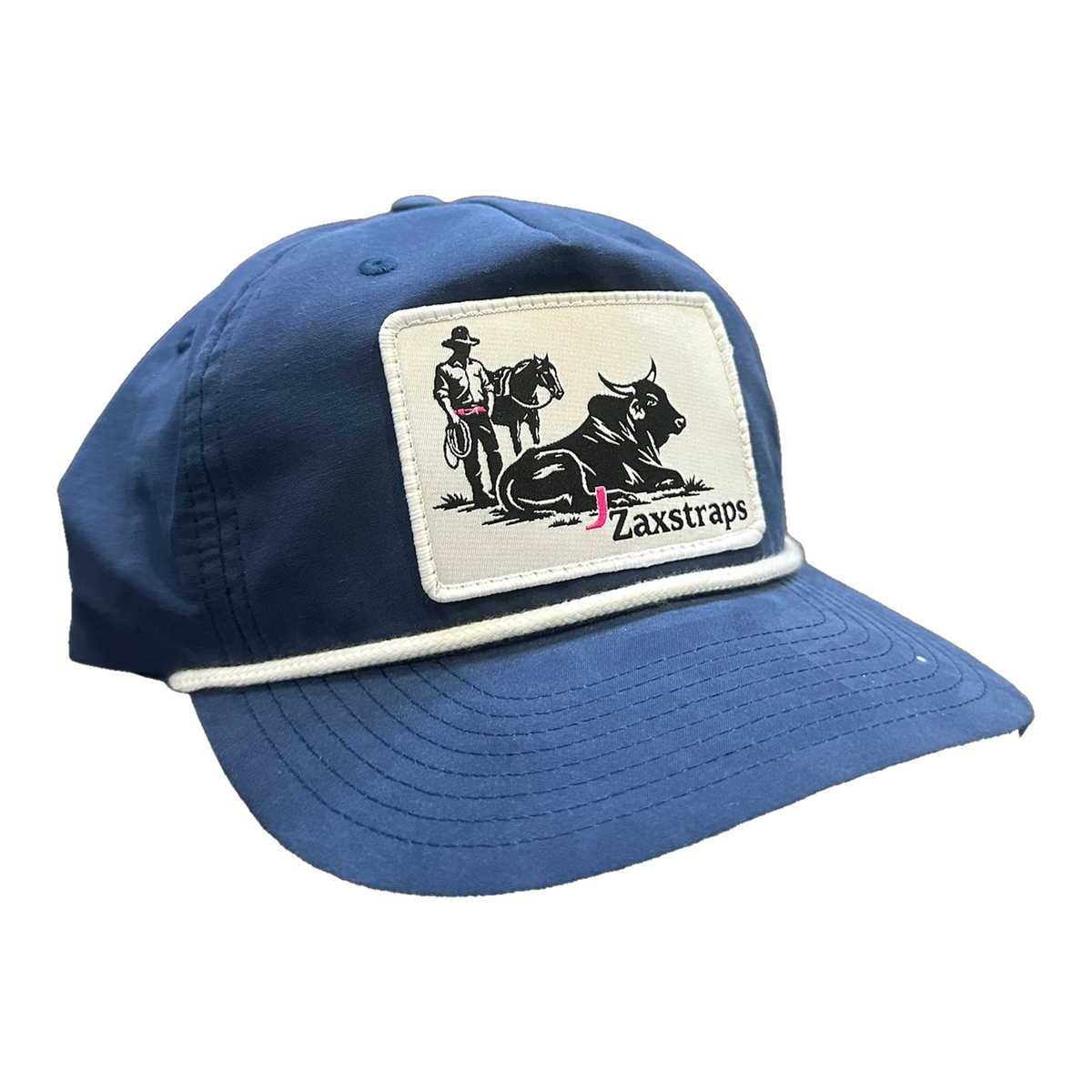 ZaxStraps Richardson Rope cap in navy with a white rope across the brim and the ZaxStraps cowboy and bull patch on the front