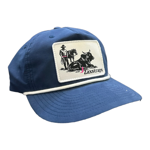 ZaxStraps Richardson Rope cap in navy with a white rope across the brim and the ZaxStraps cowboy and bull patch on the front 1