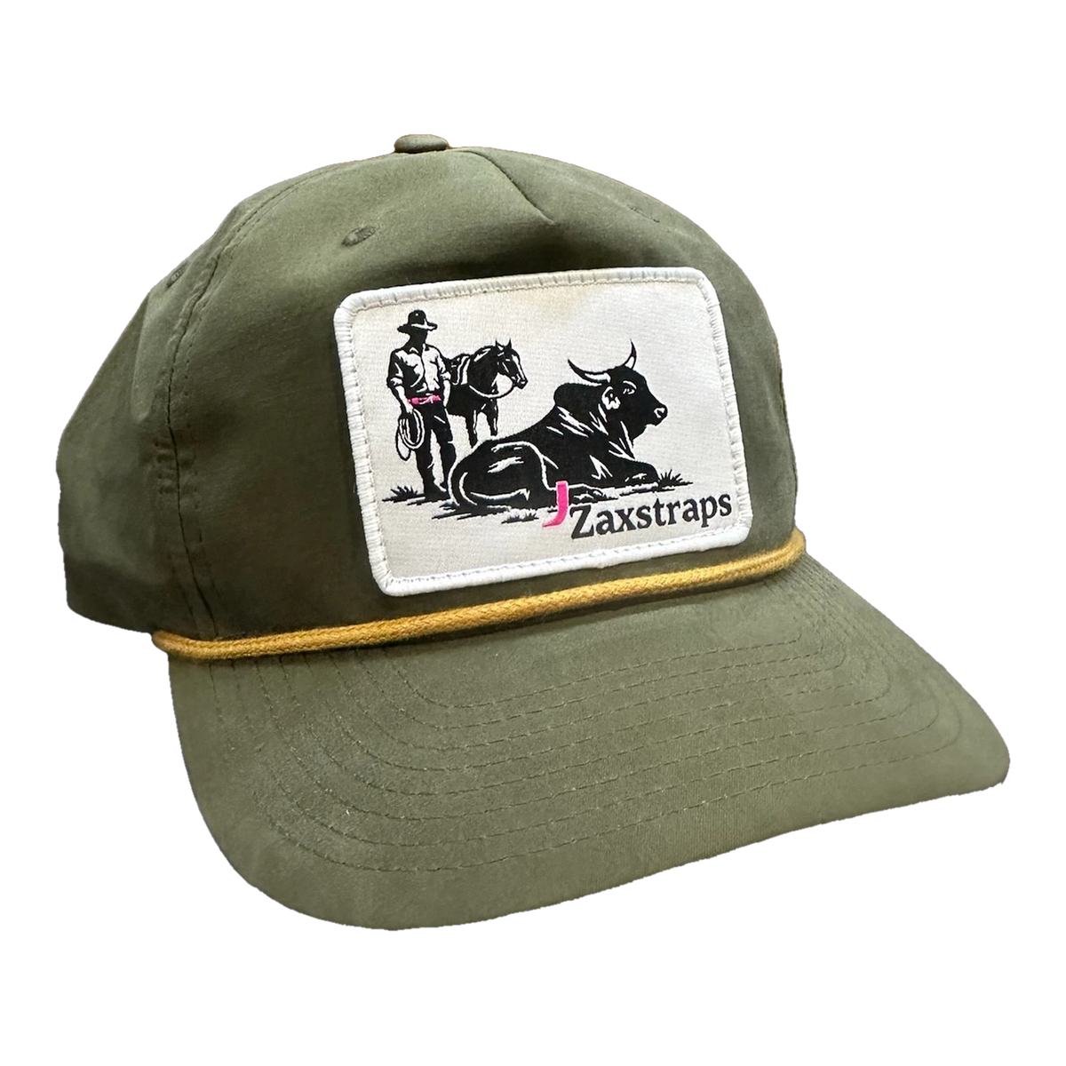 ZaxStraps Richardson Rope cap in olive with a gold rope across the brim and the ZaxStraps cowboy and bull patch on the front
