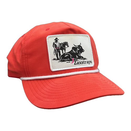 ZaxStraps Richardson Rope cap in red with a white rope across the brim and the ZaxStraps cowboy and bull patch on the front 2