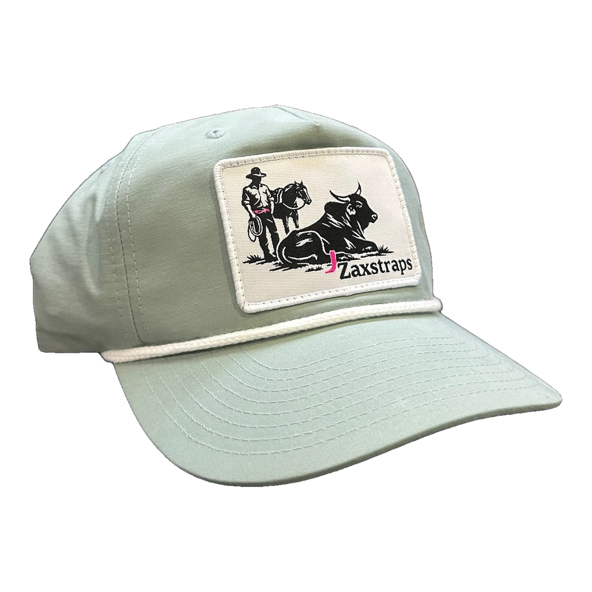 ZaxStraps Richardson Rope cap in sage green with a white rope across the brim and the ZaxStraps cowboy and bull patch on the front