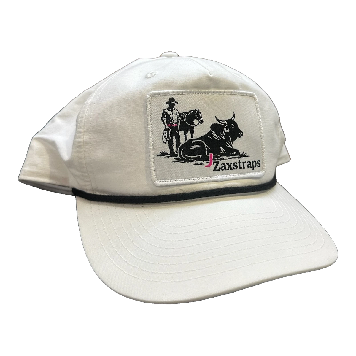 ZaxStraps Richardson Rope cap in white with a black rope across the brim and the ZaxStraps cowboy and bull patch on the front